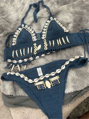 Hand-Crocheted Navy Shell-Embellished Bikini Set (Never worn) to small